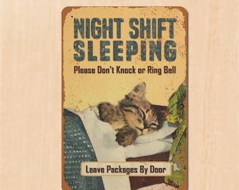 Night Shift Sleeping Sign / Do Not Knock Napping Kitten Cute Cat Hanging Sign