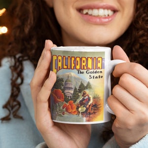 California Golden State Coffee Mug Retro Colorful 1940 Lithograph Travel History Gift
