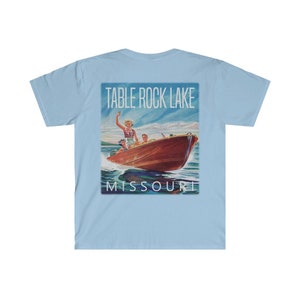 Table Rock Lake Missouri T-Shirt Retro Boaters Back Print / White, Sport Grey, Natural or Light Blue