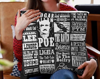 Edgar Allan Poe Throw Pillow / Citas de poemas Cuervo Literatura Libro Amante Lector Regalo