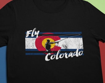 Colorado Fly Fishing Shirt / Colorado Flag With Fly Fisherman / Trout River Angler Fisherman Gift