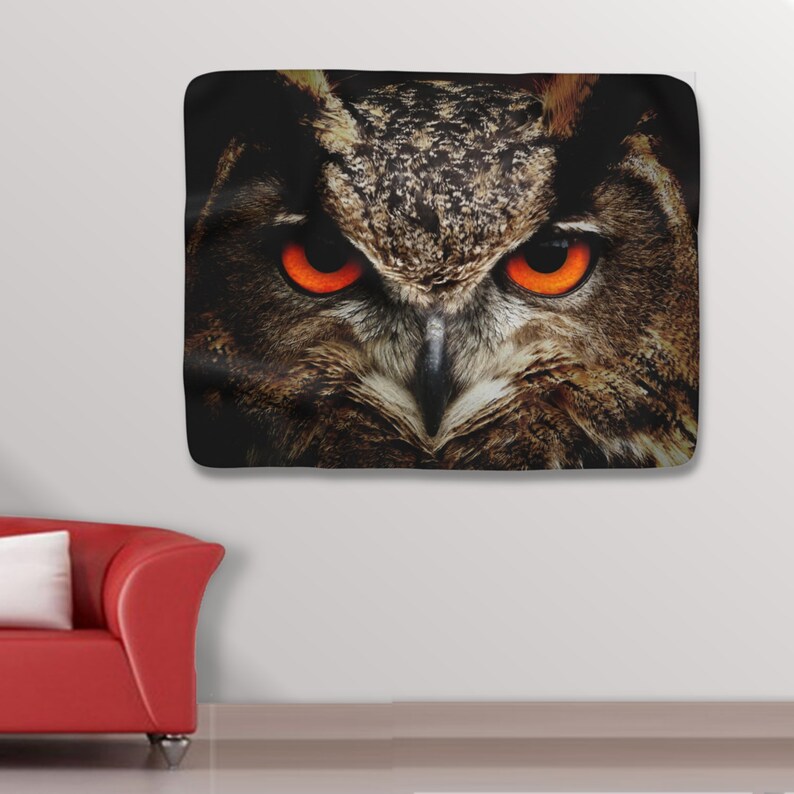 May include: Close-up of an owl's face with large, bright orange eyes. The owl's feathers are brown and black, and its beak is sharp.