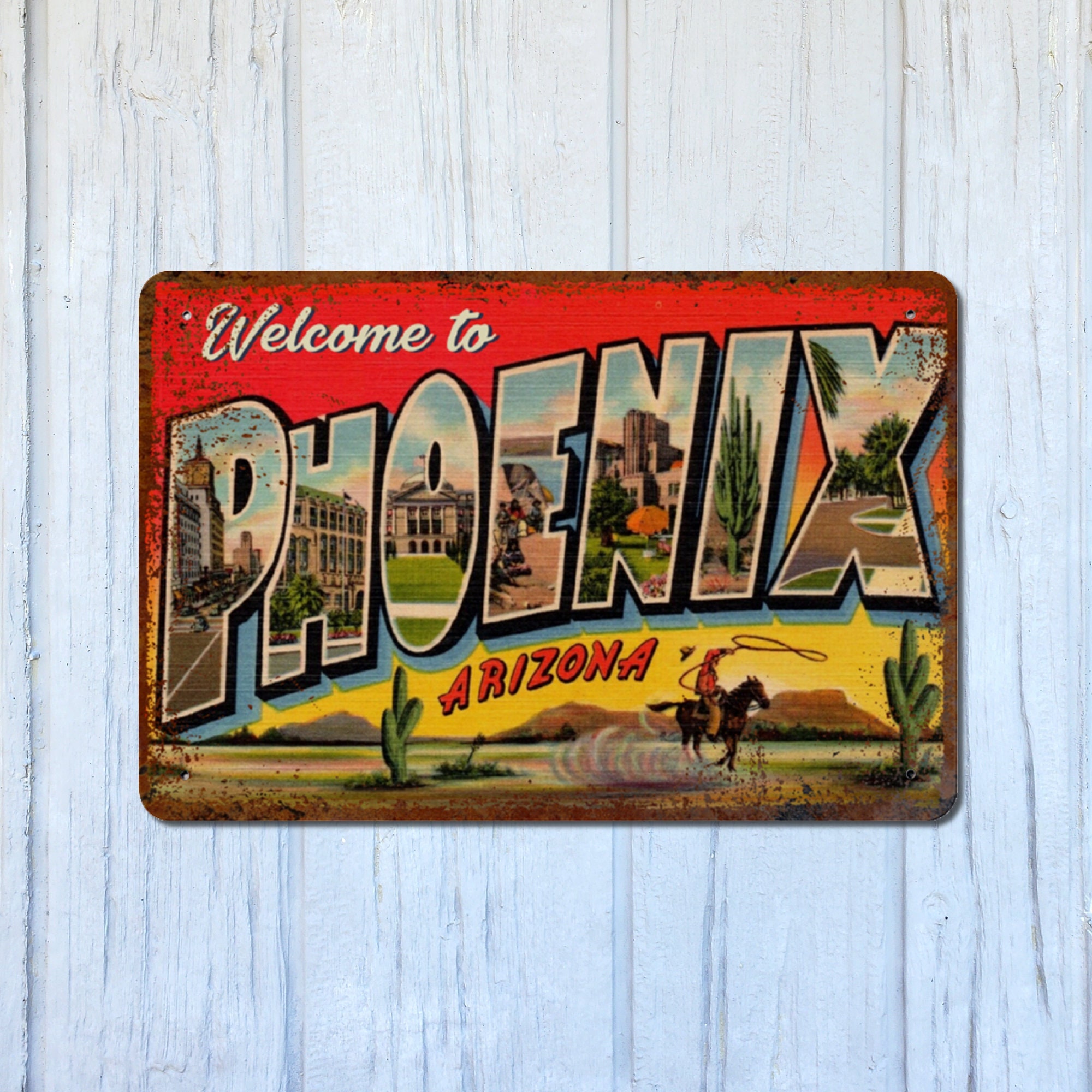 Welcome to Phoenix Metal Sign / Retro Arizona Cowboys Cactus