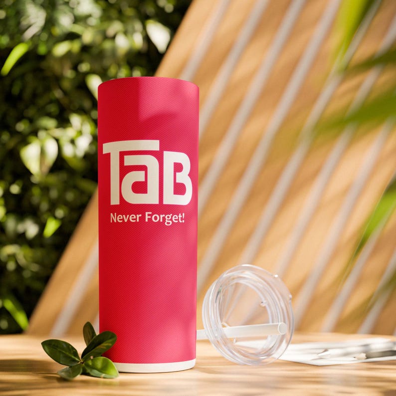 May include: A pink stainless steel tumbler with a white logo that says "Tab Never Forget!"
