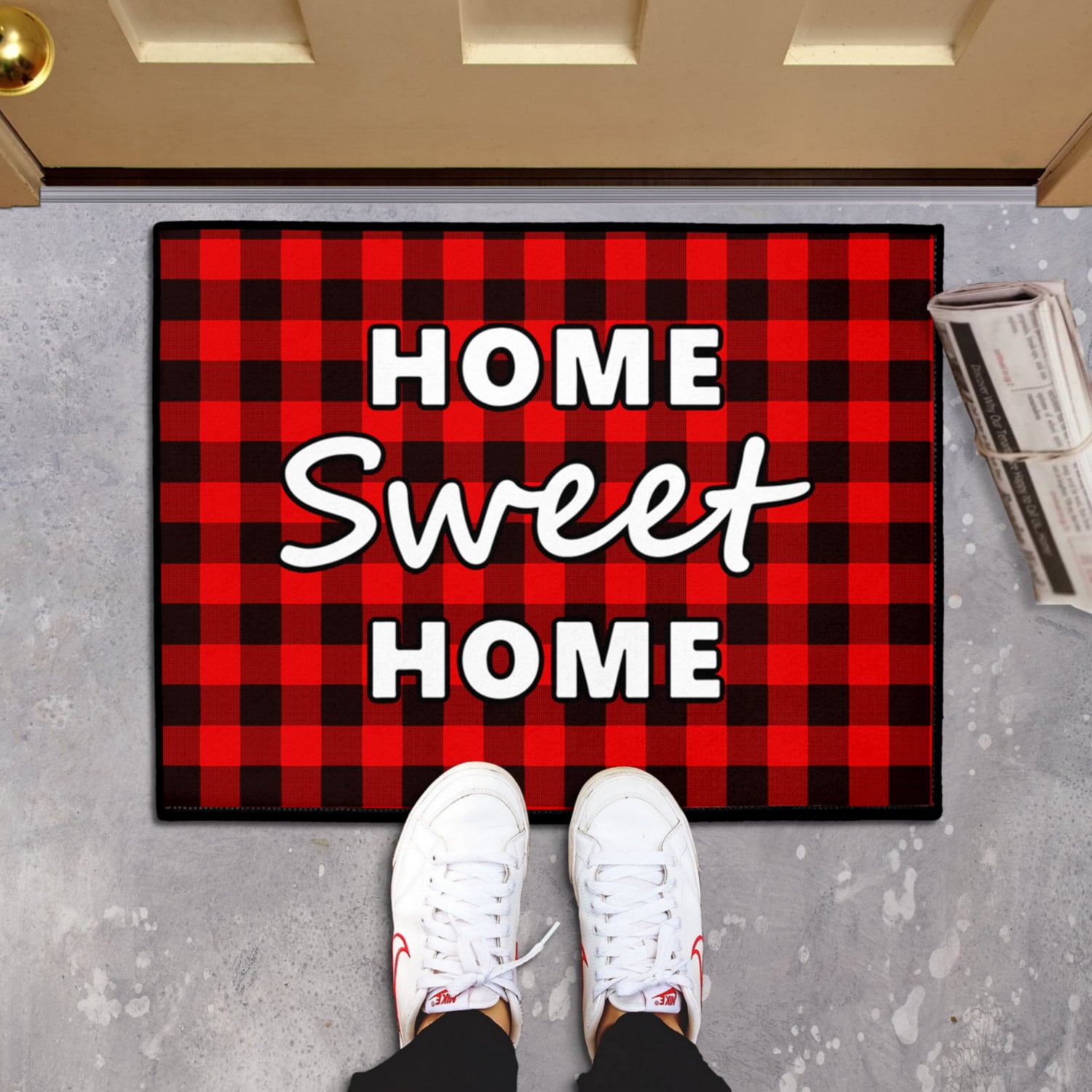 Home Sweet Home Buffalo Plaid Doormat / Rustic Red Black Welcome