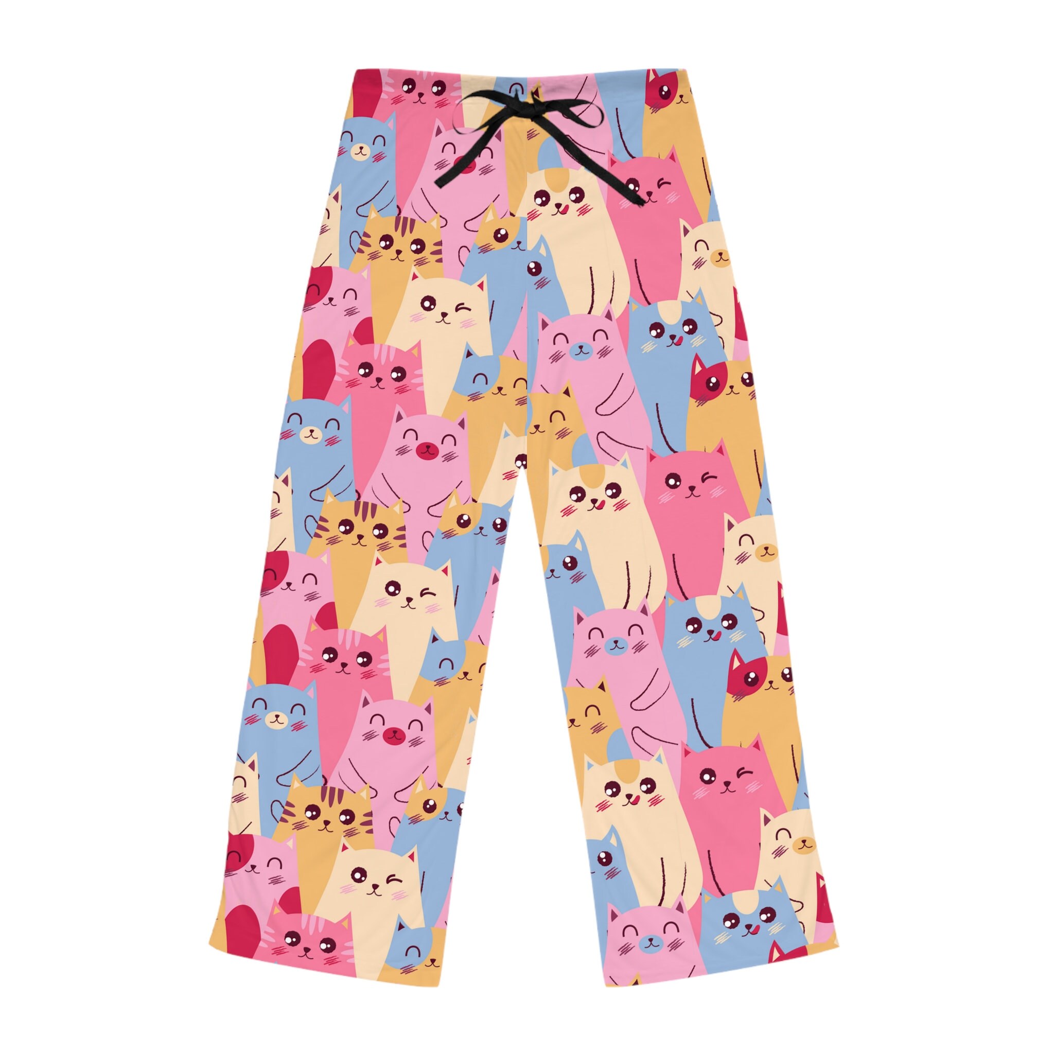 Cute Cat Pajamas Lounge Pants Pink Pastel Cartoon Kitty Pattern Casual Loungewear