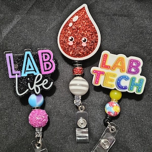 Lab Technician Badge Reels, Phlebotomist Badge Reel, Lab Tech Badge Reel, Beaded Pens for Lab Techs Laboratory Reels Retractable Badge Reels