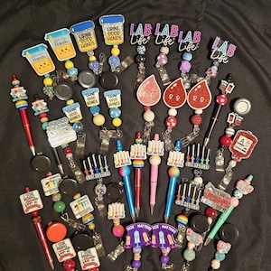 RESTOCKED! Lab Technician Badge Reel, Phlebotomist Badge Reel, Lab Tech Badge Reel, Badge Reels for Lab Techs, Beaded Pens for Lab Personnel