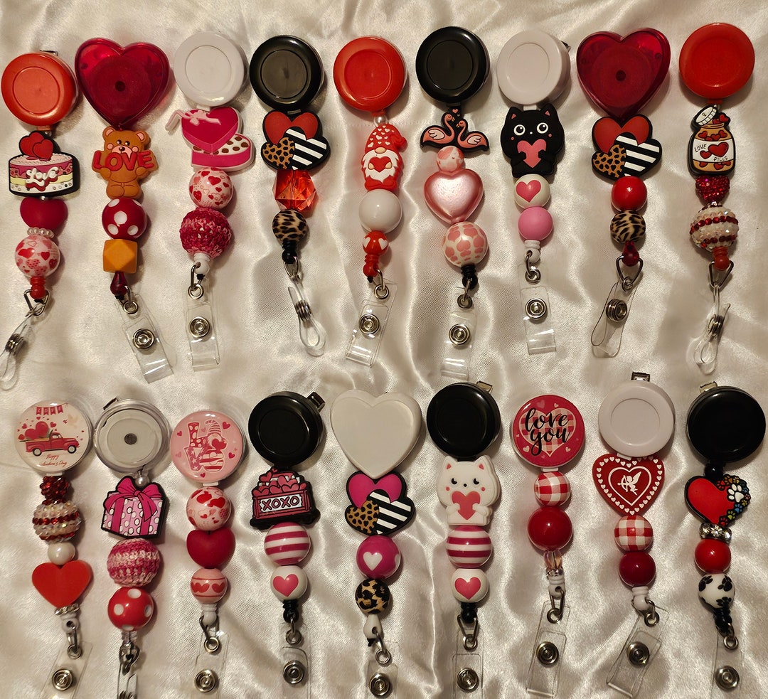 Badge Reels, Valentine's Day Beaded Badge Reels, Beaded Lanyards