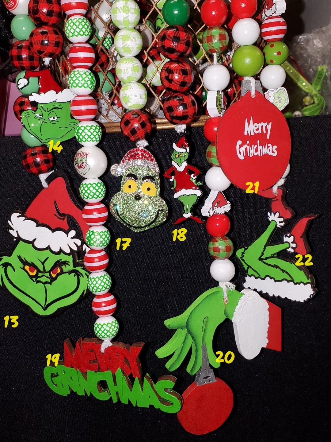 Grinch, Grinch Wooden Bead Garland, Grinch Decor, Grinch Tiered Tray