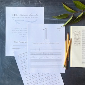 May include: A printable worksheet for learning the Ten Commandments. The worksheet features the first commandment, "You shall have no other gods before me."  The worksheet includes a space for writing the commandment and tracing the letters of the alphabet.
