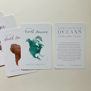 Continents and Oceans Watercolor Cards - Continent Flash Cards - Ocean Fact Cards - Homeschool Flash Cards - Homeschool Material-Flash Cards
