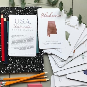USA Watercolor State Cards - USA Flash Cards - USA Fact Cards - Homeschool Flash Cards - Homeschool Material - Geography Cards, State Facts