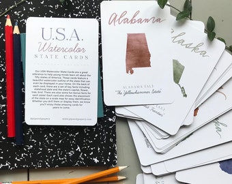 USA Watercolor State Fact Cards – Homeschool Geography Material
