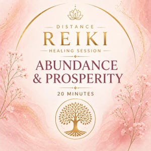 Op de afbeelding: Een digitale afbeelding voor een Distance Reiki Healing Session. Het ontwerp bevat de woorden "REIKI" en "ABUNDANCE & PROSPERITY" in elegante lettertypen, met een gouden boomillustratie en bloemaccenten op een roze achtergrond.