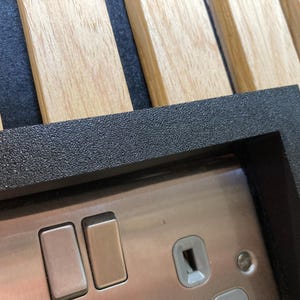 May include: A black textured frame surrounding a metallic electrical wall outlet with two rectangular switches and a single socket. The frame is mounted against a wall featuring vertical light wood slats and dark felt panels.