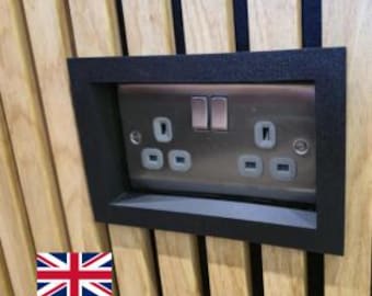 Double Socket Surround 13amp Electric Plug Insert Cover for Acoustic Slat Wood Decorative Wall Panels in Black, Made in UK
