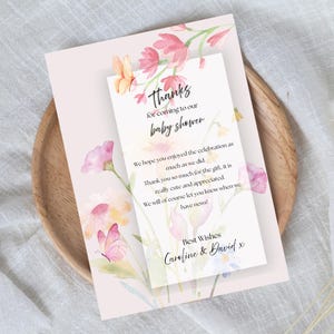 Modelo de texto editável para agradecimento digital de chá de bebê, cartão de agradecimento para festa de bebê, comemoração de novo bebê, cartão de agradecimento floral com borboletas
