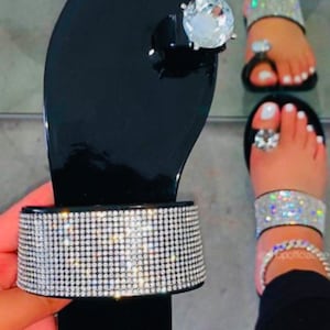 Sandals, silver, black, bling, shoe, women shoes, sparkle, shiny, toe ring, flat shoes, comfortable shoes, fashion shoes, shoes for women