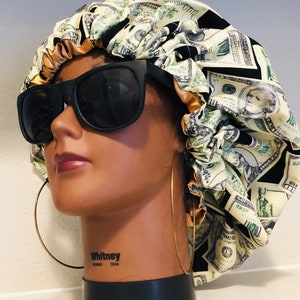 Bonnet, money bonnet,  sleep protector night cap gift hair accessories accessory money print dollars currency cotton reversible satin