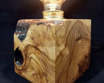 Lampe à poser en bois d'olivier massif avec ampoule Edisson E27 40W G80 à filament
