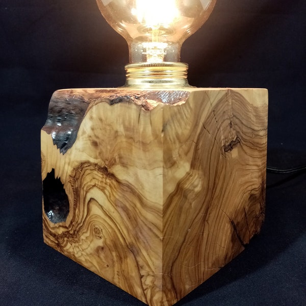Lampe à poser en bois d'olivier massif avec ampoule Edisson E27 40W G80 à filament