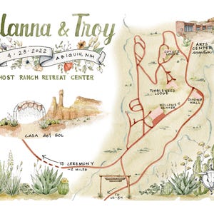 May include: A watercolor map of Ghost Ranch Retreat Center in Abiquiu, NM, for Alanna & Troy on 4.23.2022. It features illustrations of Casa del Sol, Coyote Lodge, Tumbleweed Lodge, the Arts Center, and a compass rose with a skull icon.