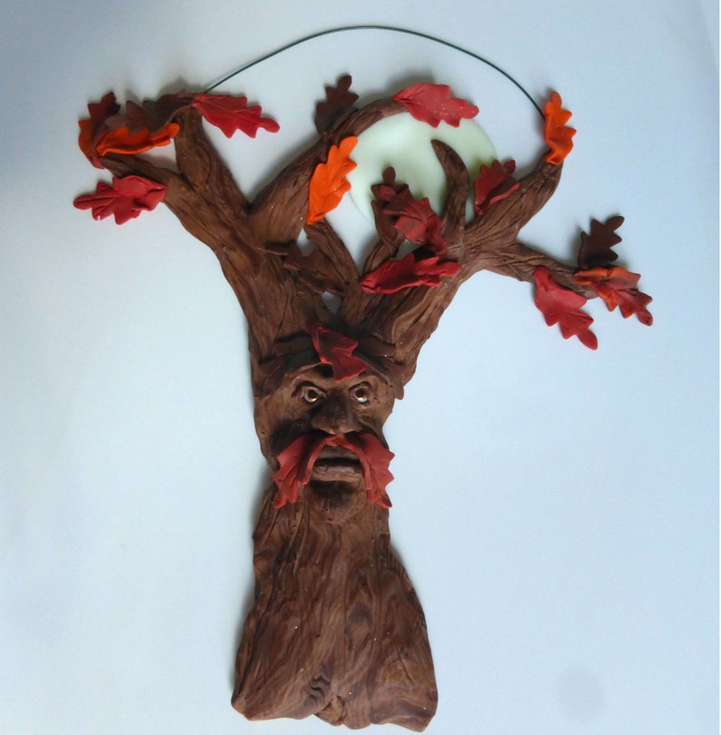 Polymer Clay Oak Tree With Face and Glow in the Dark Moon Wall image 0