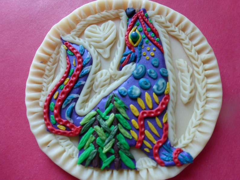 One of a Kind Polymer Clay Colorful Howling Wolf Silhouette on image 0