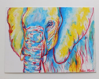 象のオリジナル水彩画 鼻を上にしたカラフルな象 幸運の象 風水