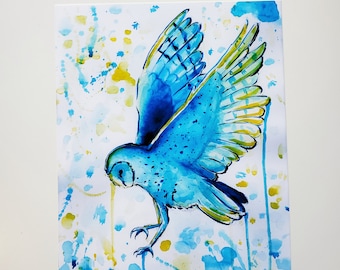 Blue Watercolor Barn Owl Print