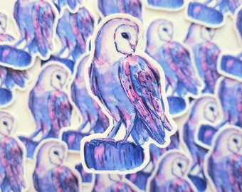 Sticker aquarelle bleu foncé et rose chouette effraie des cloches pour bouteilles d'eau