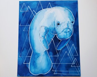 Blue Watercolor Manatee Art Print