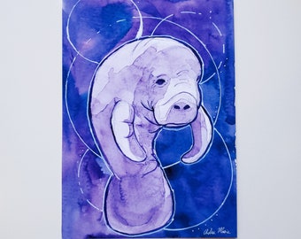 Purple Watercolor Manatee 5x7 Art Print