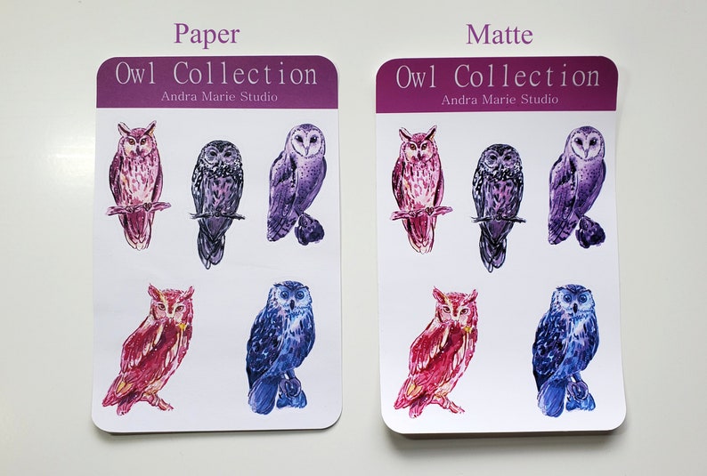 May include: Two sheets of stickers featuring a collection of owls. The stickers are printed on paper and matte finishes. The owls are illustrated in watercolor and feature a variety of colors, including pink, purple, blue, and gray. The text "Owl Collection" and "Andra Marie Studio" is printed on each sheet.