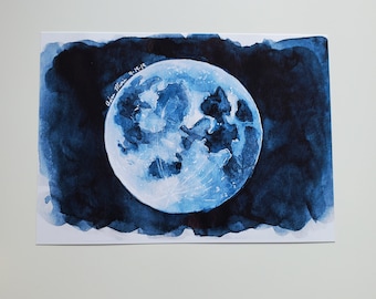 Blue Full Moon Watercolor Art Print