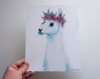 Watercolor Llama Art Print With Flower Crown