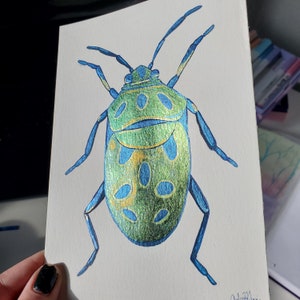 5x7 Shimmer Beetle Watercolor Painting