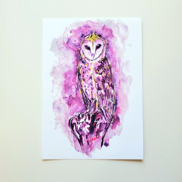 Rose of Ultramarine  Watercolor Owl Queen 5x7 Art Print