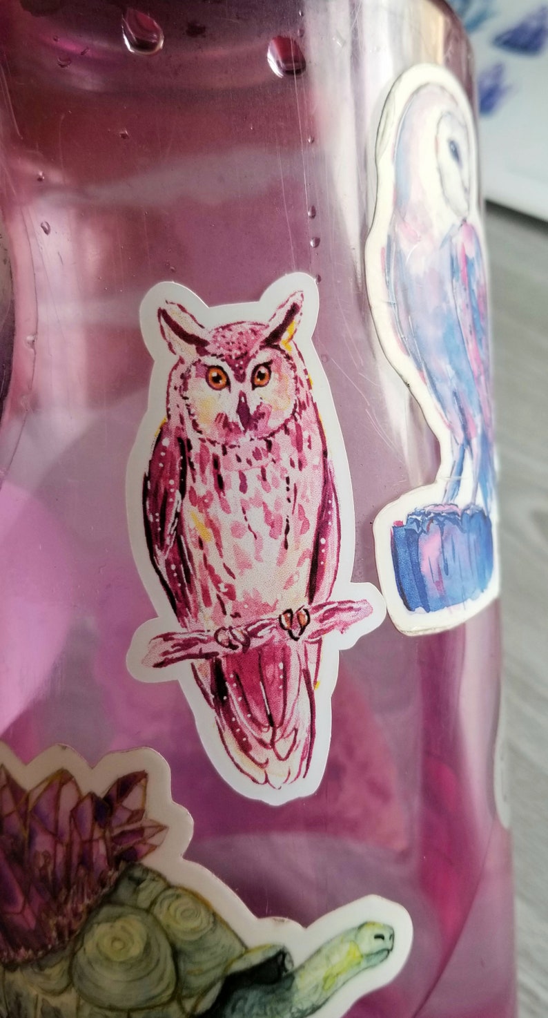 May include: A pink and white watercolor owl sticker with a detailed design. The owl is perched on a branch with its wings spread out.