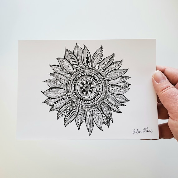 5x7 Zentangle Sunflower Art Print - Etsy