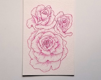 オリジナルアートワーク、バラのインクスケッチ、バラの絵、オリジナル