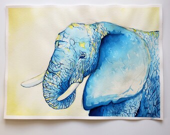 Blue and Yellow Elephant Original Watercolor Painting - Etsy