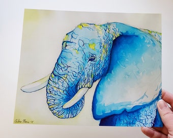 象の水彩画 - 象のアート - ファインアートプリント - 動物画 - グレー