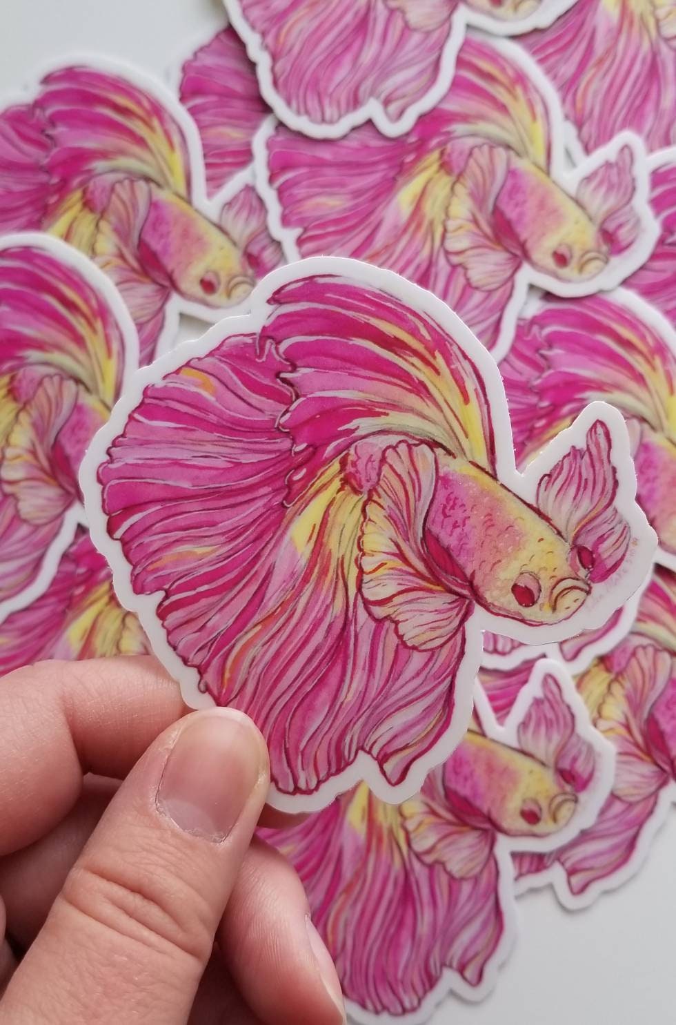 Grumpy and Pink Betta Fish Vinyl Sticker for Water Bottles.