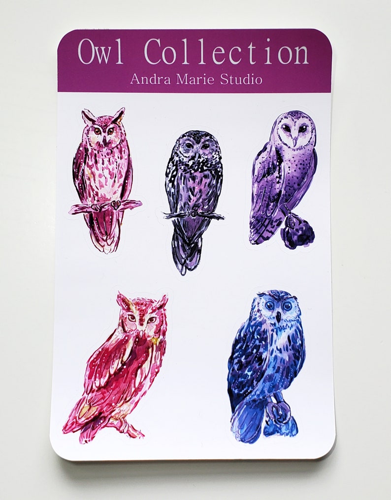May include: Set of five watercolor owl stickers with purple, pink, and blue colors. The stickers feature the text "Owl Collection" and "Andra Marie Studio".