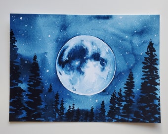 Kleiner blauer Aquarell Mond Kunstdruck