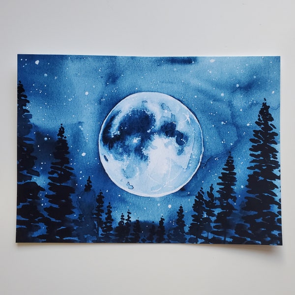 Small Blue Watercolor Moon Art Print