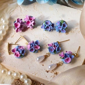 Hydrangea Clay Flower Earrings, Pastel Floral Studs with Pearl Drop, Dainty Bridesmaid Jewelry