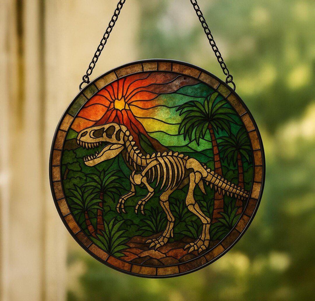 Dinosaur Skeleton Stained Glass Suncatcher, Prehistoric Window Decor ...